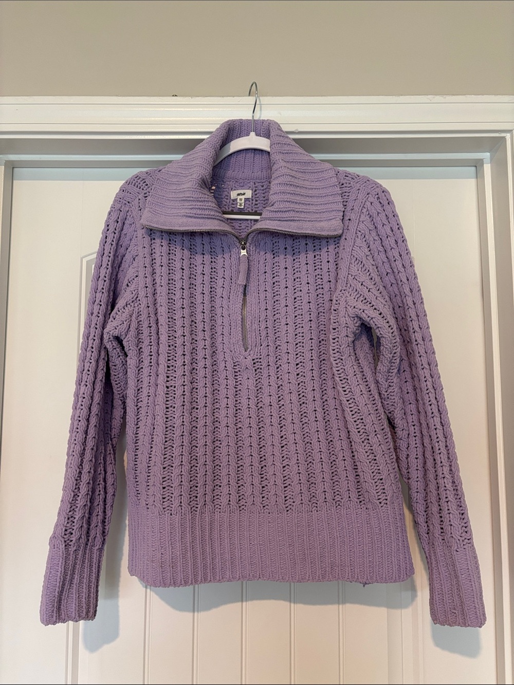 aerie Lavender Half-Zip Cable Knit Turtleneck Sweater (oversized)